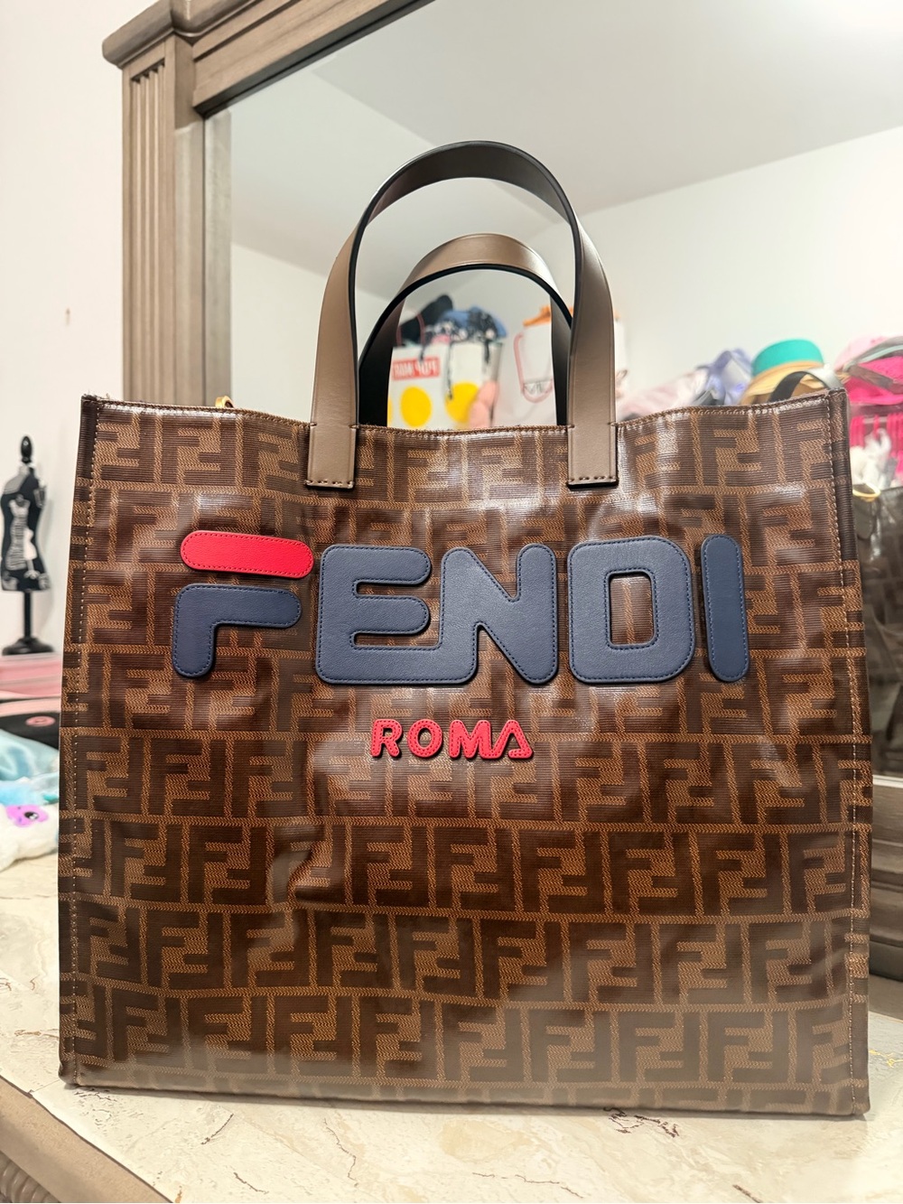 Authentic Fendi Brown Monogram Tote with Blue and Red Logo Accents